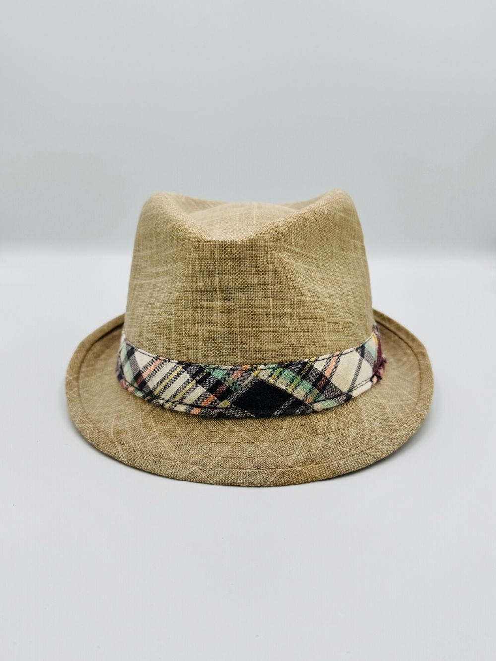 Trevero Trelby Fedora Hat S Beige Plaid Band Hemp Preppy Resort Wear Retro